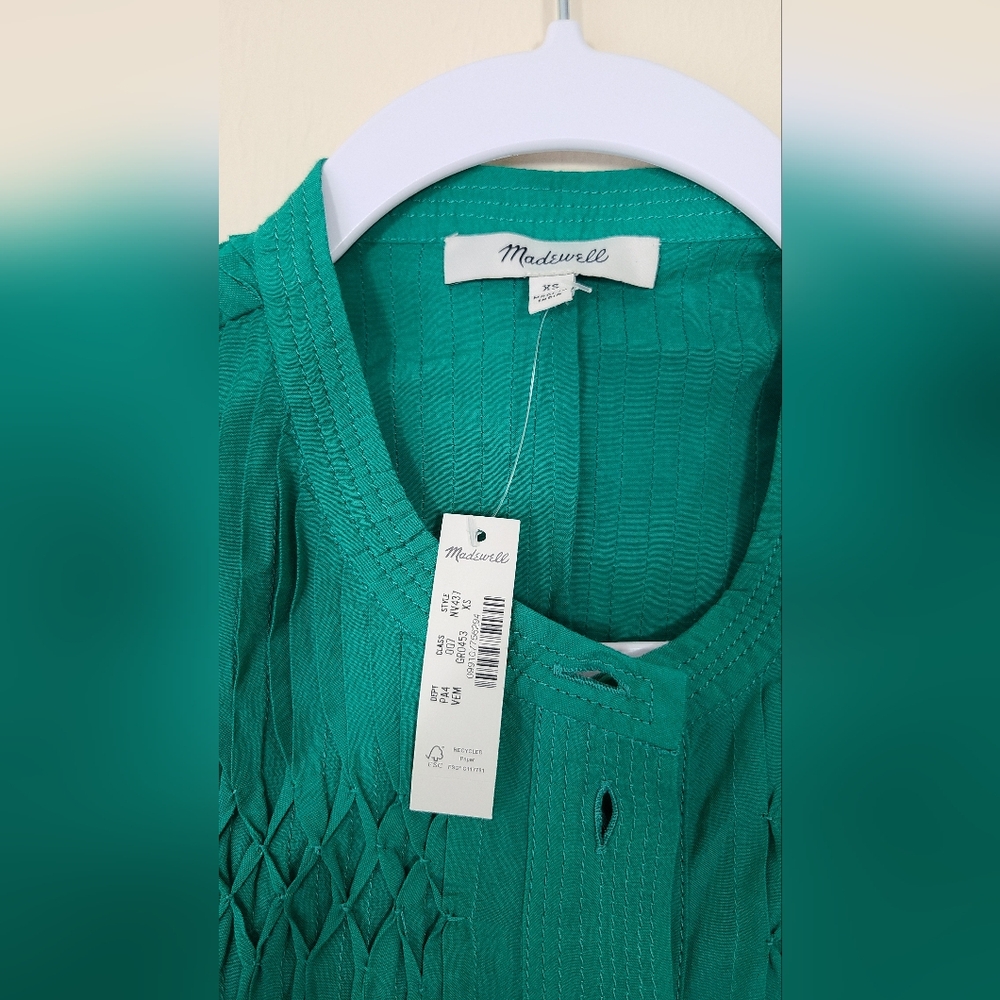 NWT $138 Madewell Embroidered Pleated Green Mini Short Sleeve Dress Womens XS - Picture 11 of 11